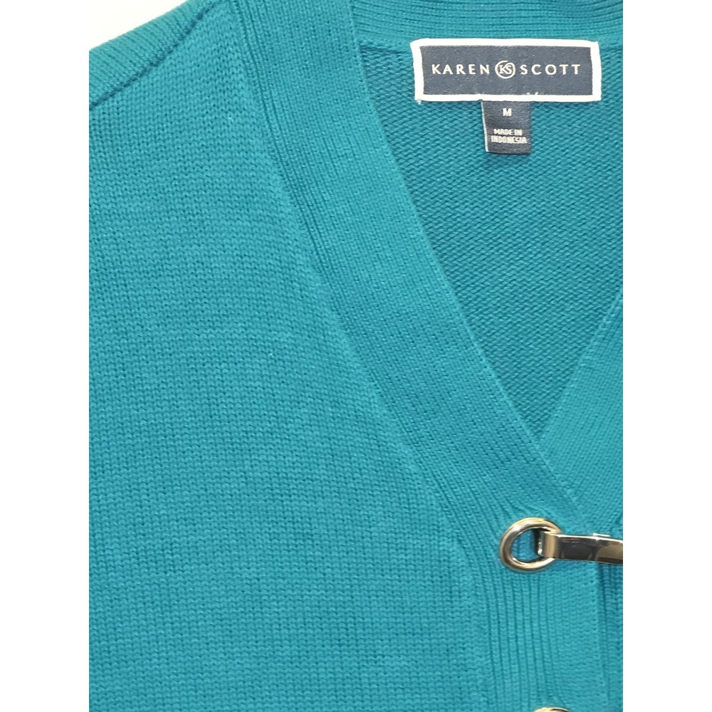 Karen Scott Henley Pullover Teal Green‎ Sweater W/Silver Accent Closures SZ: MED - Picture 4 of 4